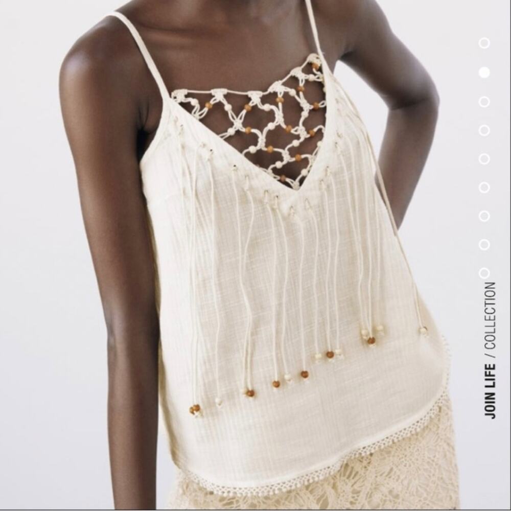 NEW Zara macrame woven beaded braided handcrafted fringed crochet cotton top